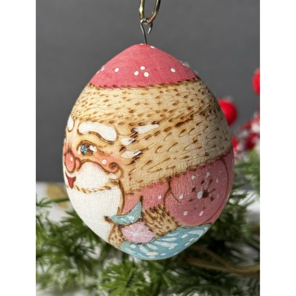 VINTAGE 1990 Hand Painted Austrian Wooden Santa Egg Shaped Christmas Ornament - Picture 4 of 11